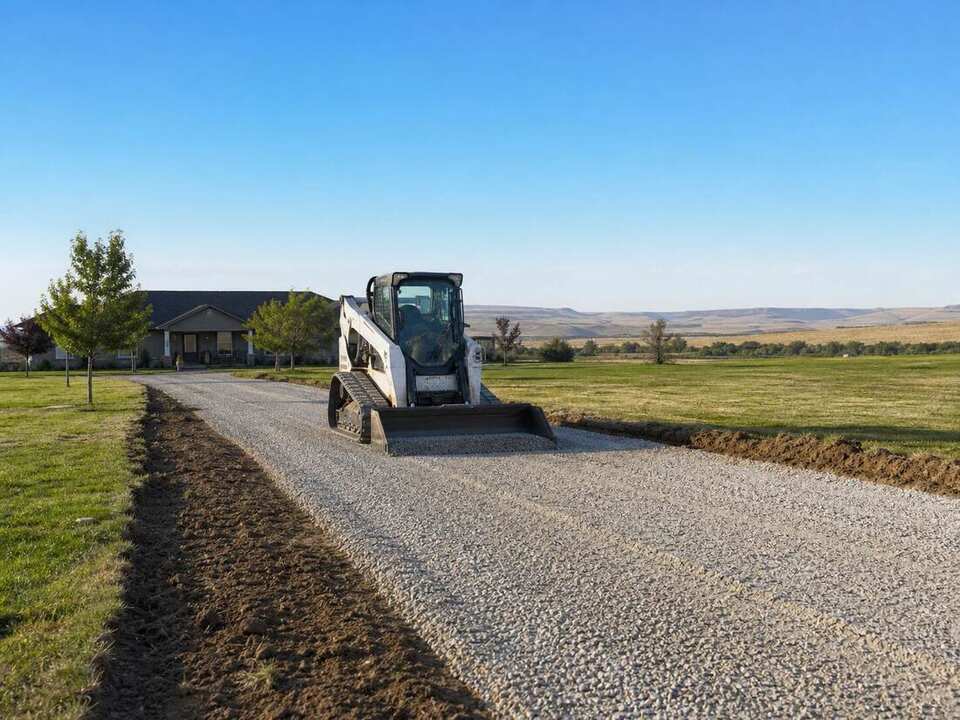 Excavator preparing an aggregate driveway base near Twin Falls